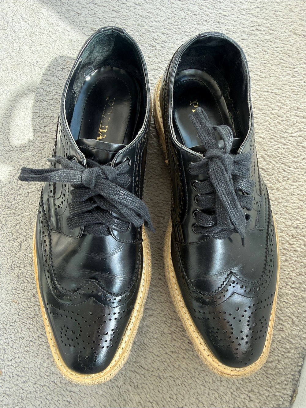 Prada Black Leather Brogues with Natural Tan Platform Sole
